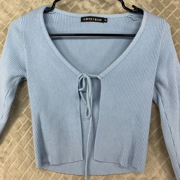 Honeybum Womans Medium Crop Top Light Blue Cardigan Tie Front Long Sleeve - Picture 2 of 15